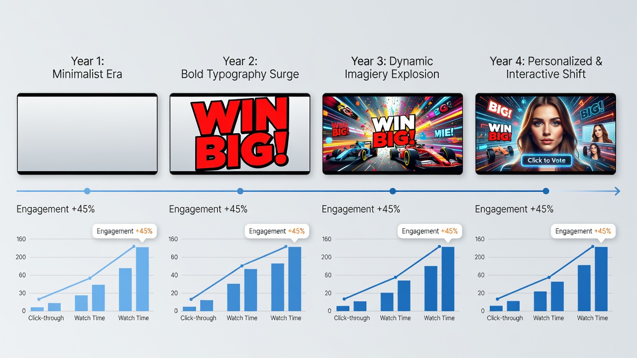 Evolution of sweepstakes video thumbnails showing changes in color schemes, text overlays, and facial expressions from 2020 through 2026