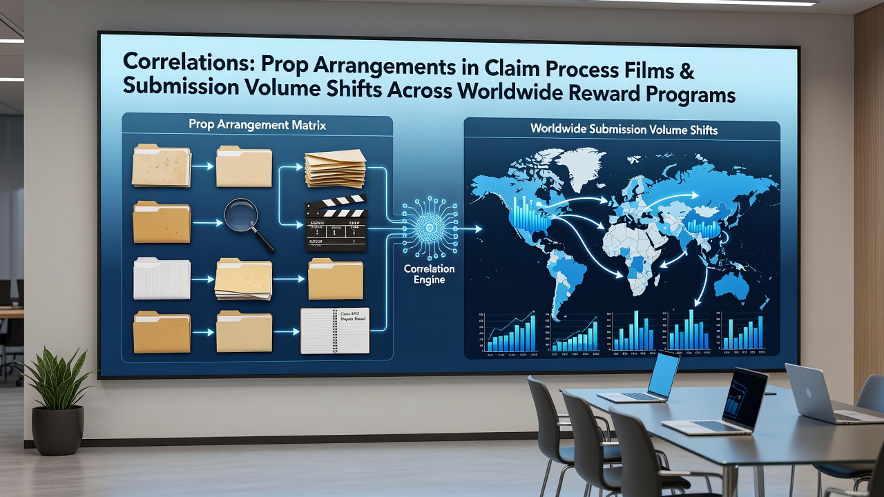 Claim process films showing varied prop arrangements next to submission data charts from global reward programs