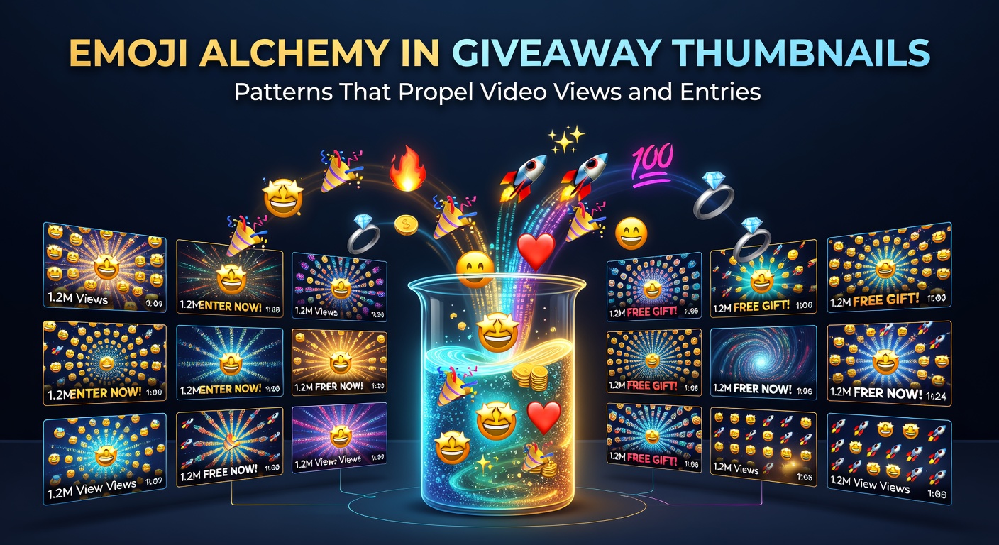 Vibrant giveaway thumbnail showcasing layered emojis like gift boxes, fire symbols, and trophies clustered around a prize image, driving high click-through rates