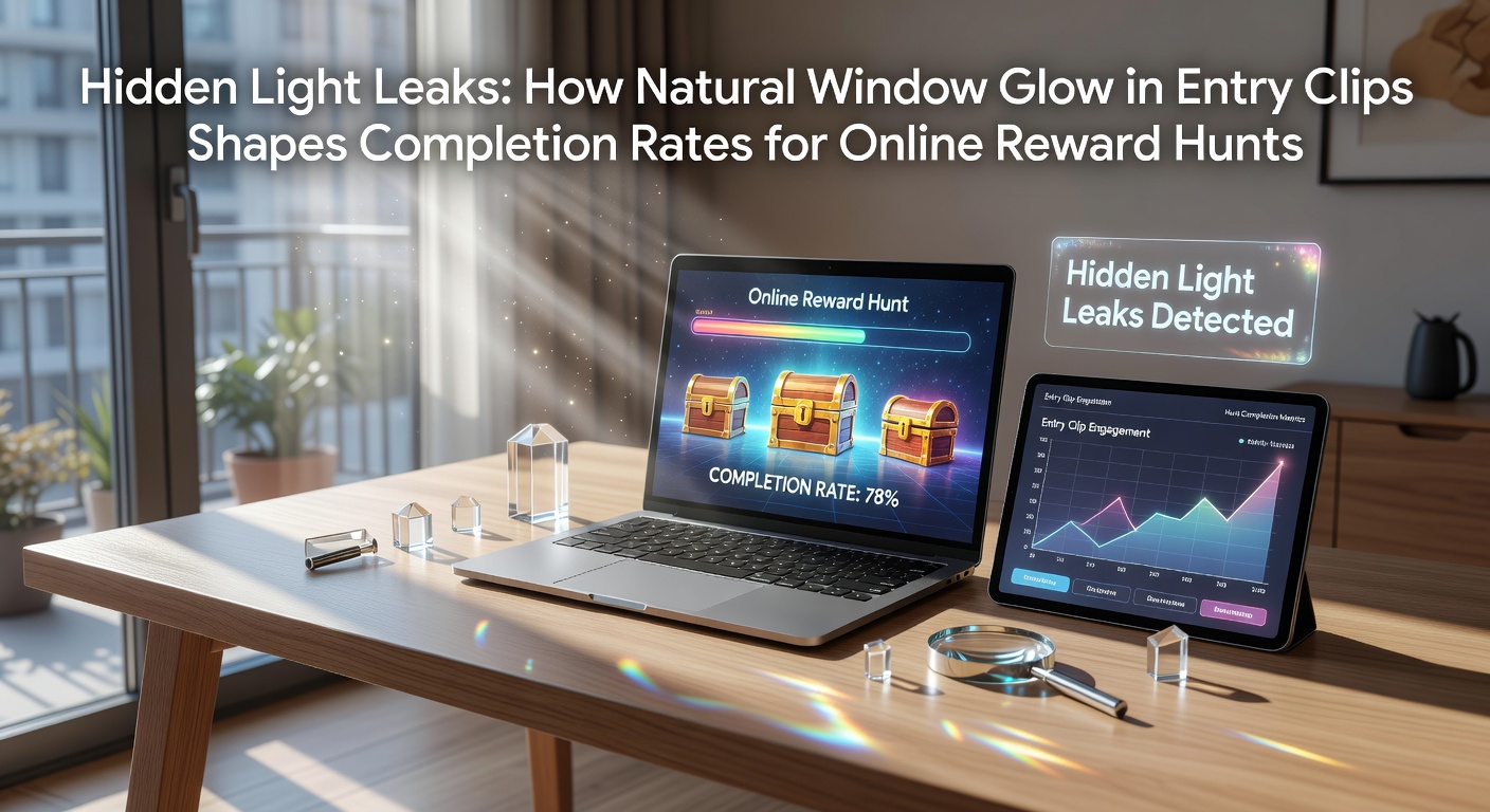 Entry clip frame capturing soft natural window glow illuminating a participant's workspace during an online reward hunt submission