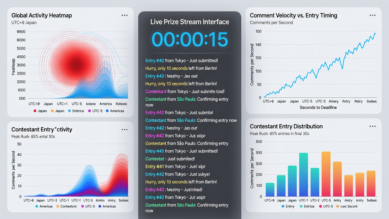 Detailed view of synchronized comment activity and entry timestamp data across multiple time zones in a global prize contest stream