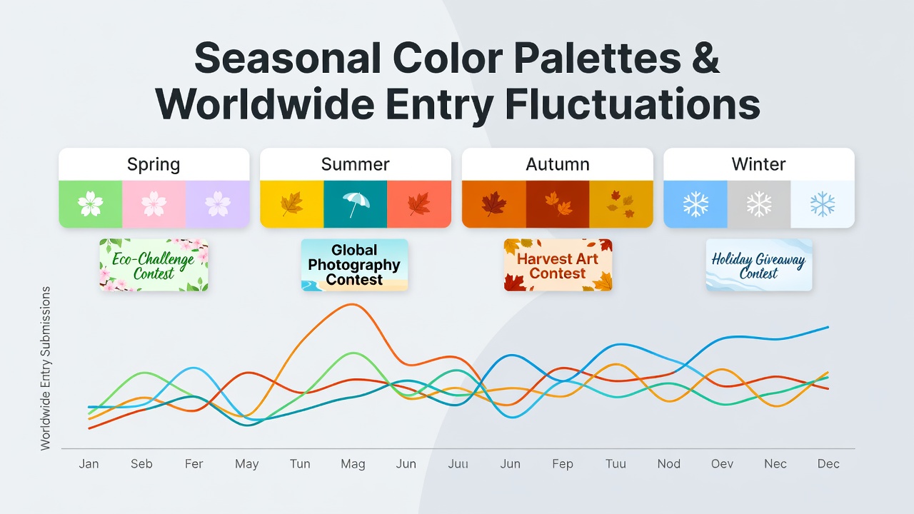 Data charts overlaying color palette samples with monthly worldwide entry submission graphs