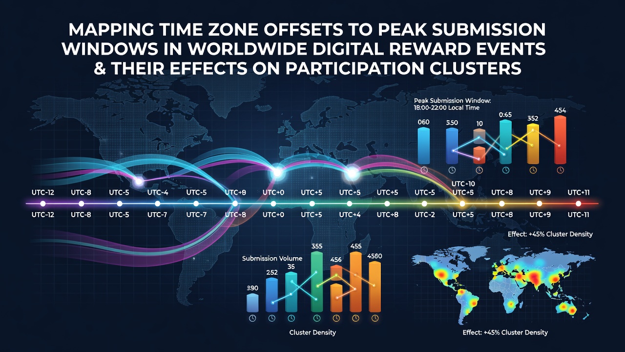 Global time zone map overlaid with submission data points from digital reward platforms showing clustered activity peaks