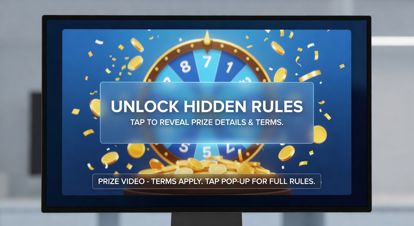 Annotated video frame showing multiple sequential text overlays in a sweepstakes winner video, with arrows pointing to rules on entry limits, deadlines, and exclusions