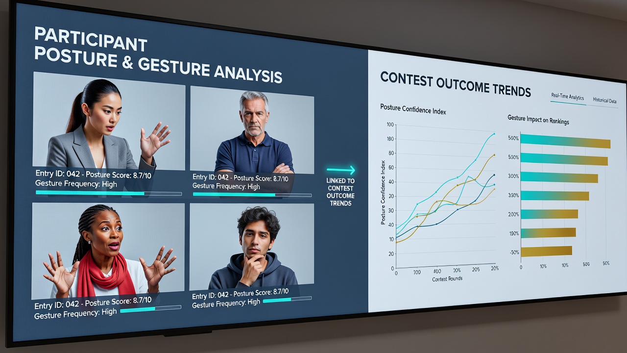 Researchers reviewing posture and gesture patterns from contest entry videos during outcome trend analysis