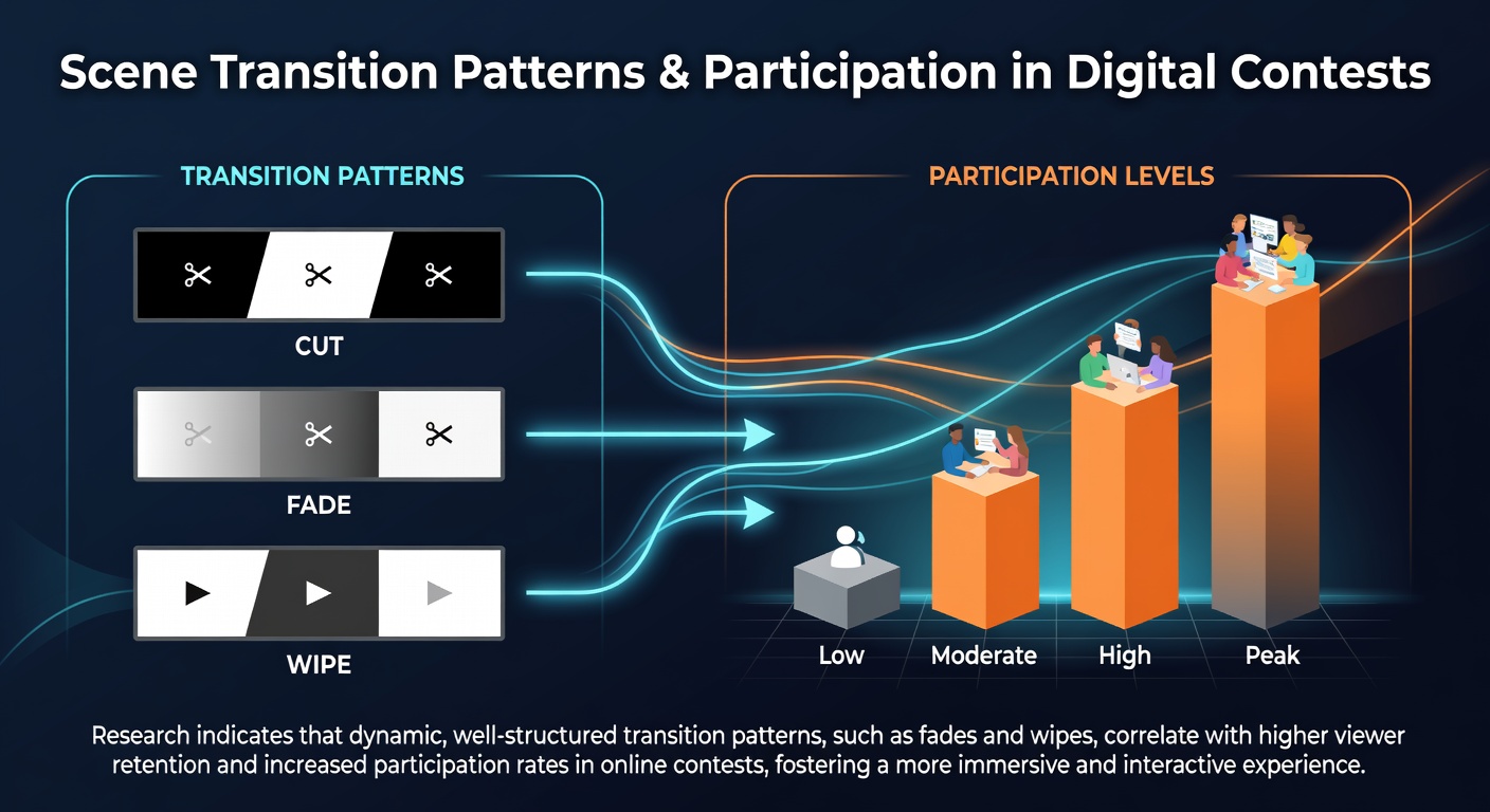 Analysis of scene transition patterns showing cuts, fades and dissolves in entry guide videos with participation metrics overlaid
