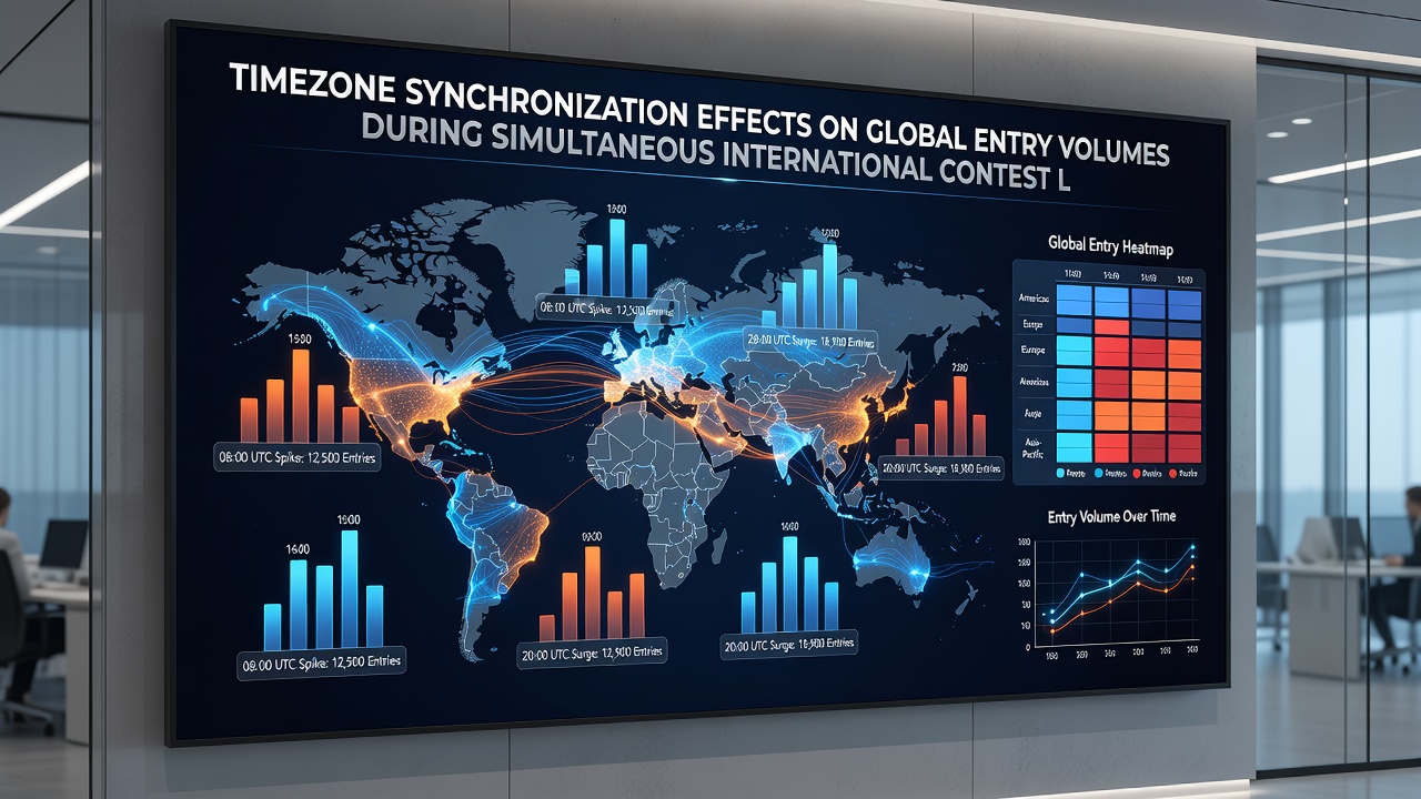 Chart comparing entry volume curves by timezone during a synchronized international contest launch