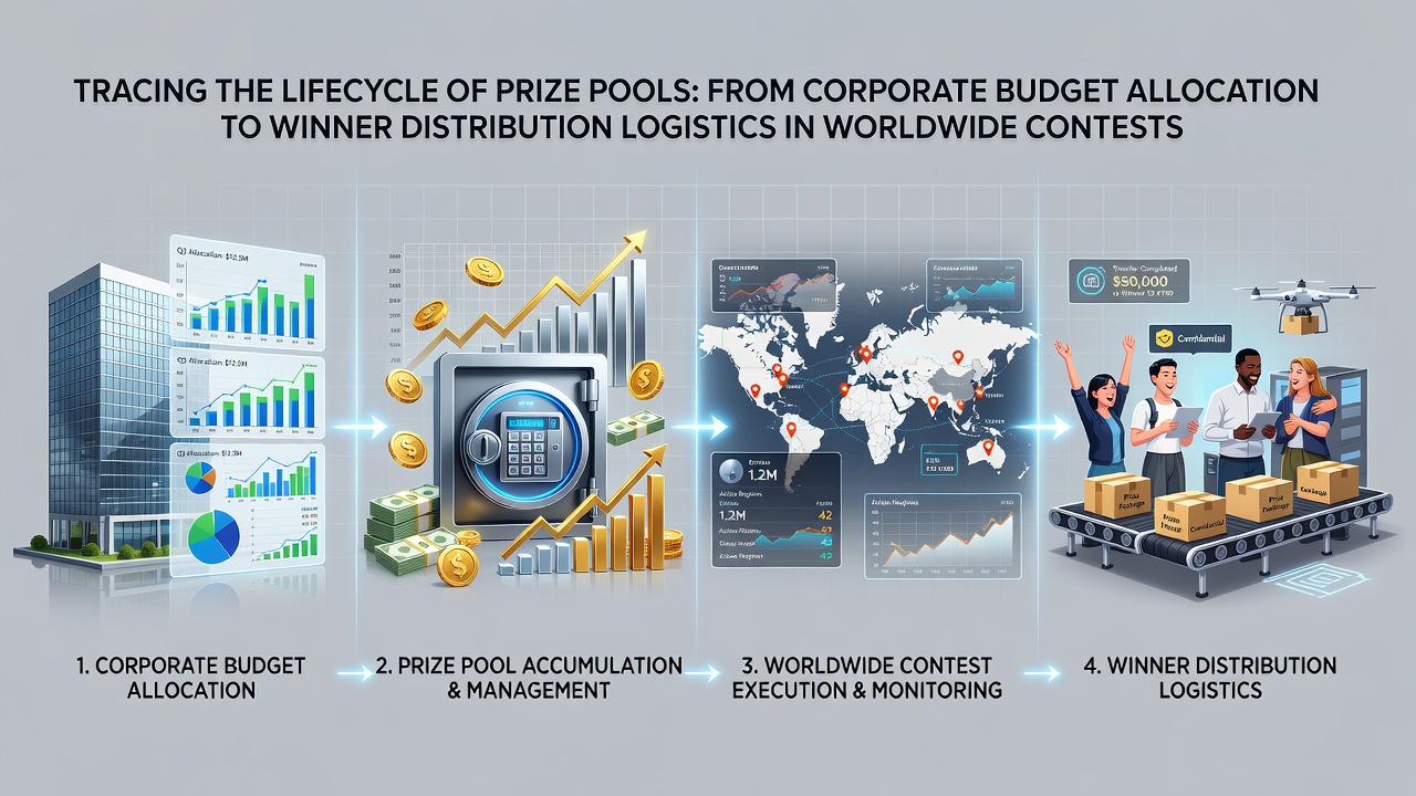 Corporate finance team reviewing budget allocations for international contest prize pools on digital dashboards