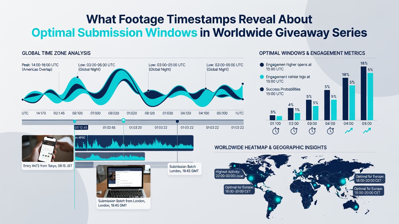 Annotated timeline graphic comparing entry timestamps across multiple continents in a single giveaway series
